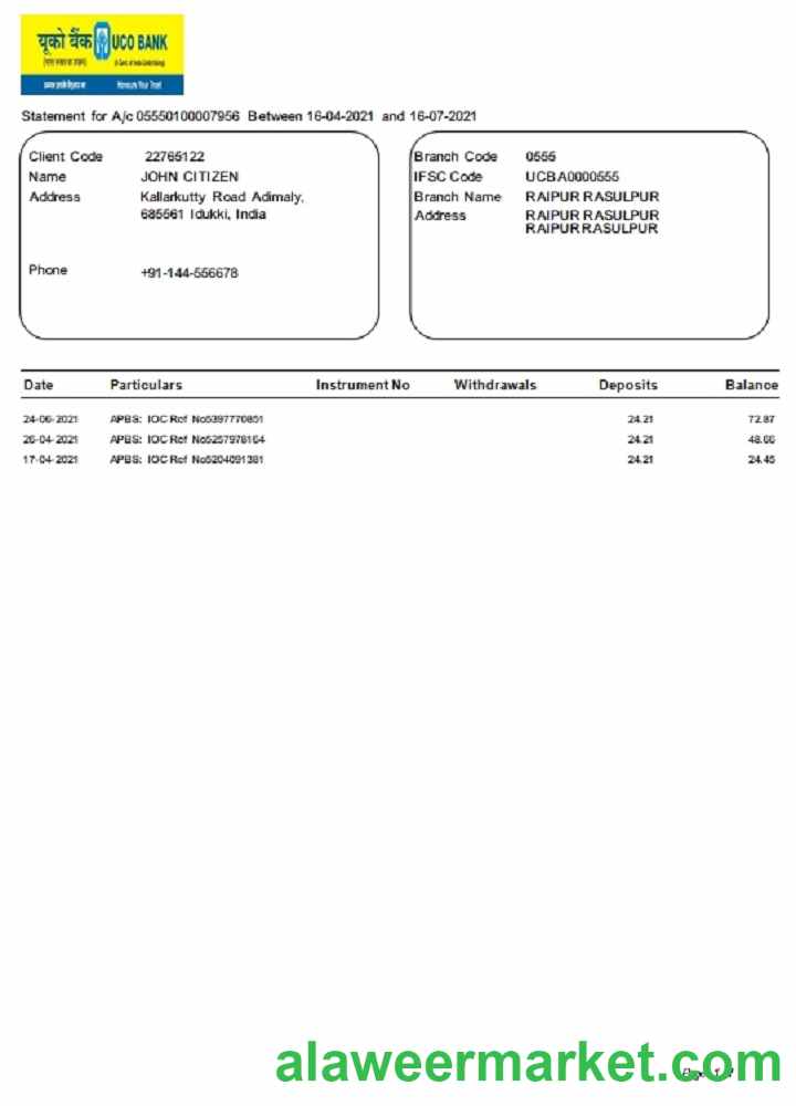 India UCO bank statement template in Word and PDF format